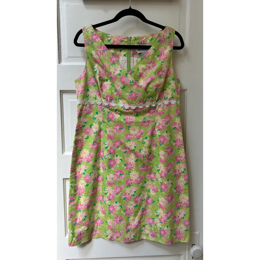 Lilly Pulitzer Floral Lace Trim Sleeveless V-Neck Shift Dress Green Pink Size 10
